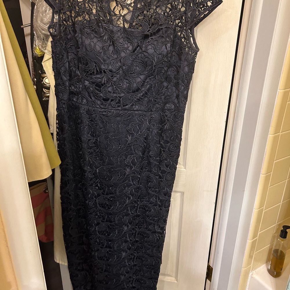 Beautifully crocheted navy evening gown